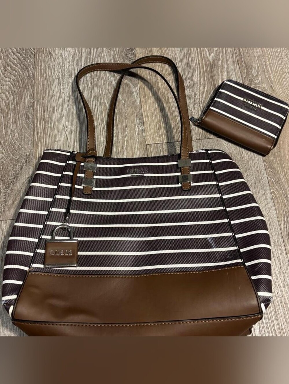 GUESS Brown & White Striped Leather-Trim Tote With Wallet